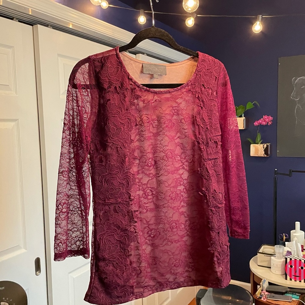 Anthropologie Bordeaux Lace Sheer Long-Sleeve